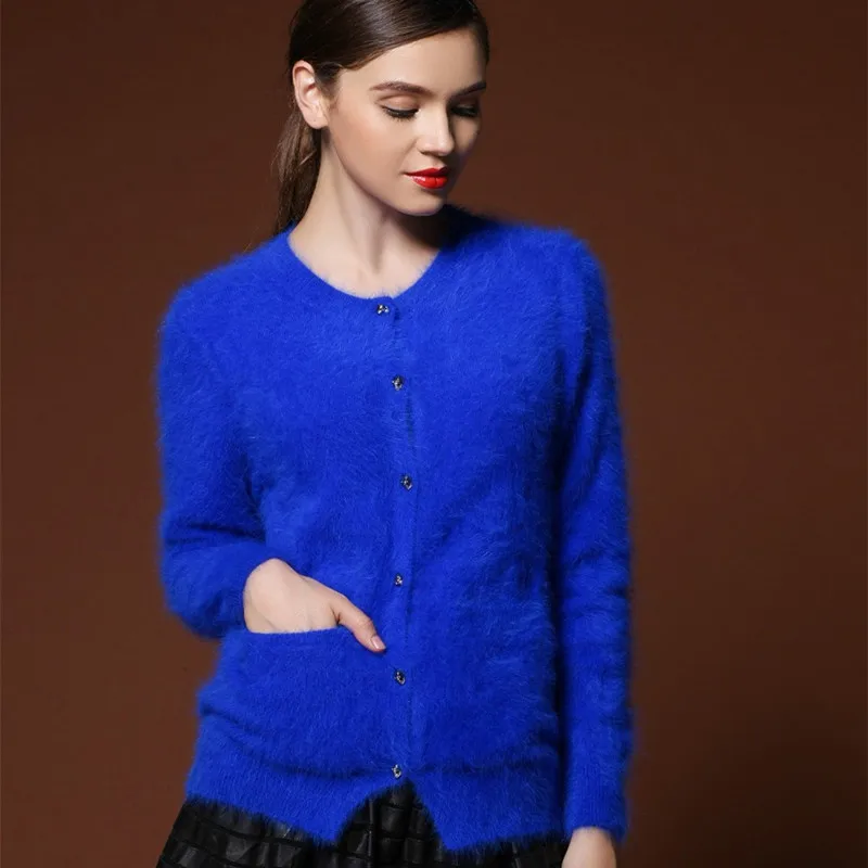 Autumn Winter Fashion Women Mink Cashmere Cardigan Sweater Female O-neck Knitted Long haired mink cashmere sweater tops |