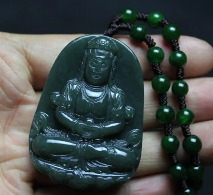 

Natural Dark Green HETIAN Nephrite Buddha Pendant 3D Carved Guanyin Bodhisattva Patron saint Pendant Necklace Men Jades Jewelry