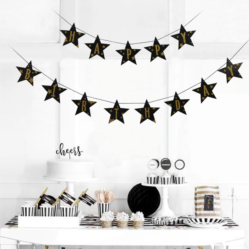 Black and Gold Glitter Star Happy Birthday Paper Banner Bunting Garland for Kids Party Hanging Decorations Crafts | Дом и сад