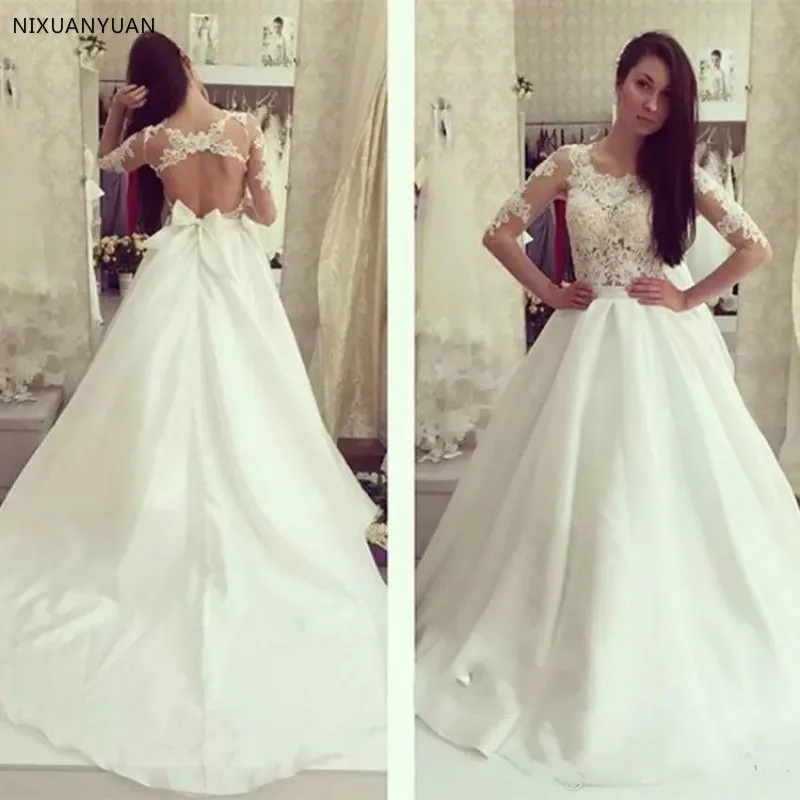 

2023 Elegant A-line Beach Wedding Dresses Backless Appliques Satin Sweep Train 3/4 Sleeve Formal Bridal Wedding Gowns