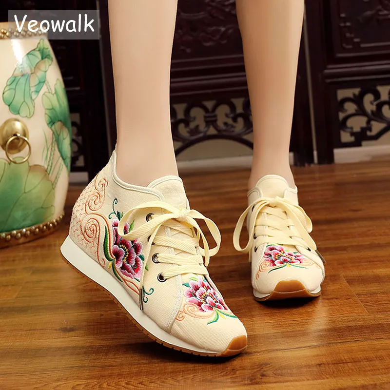 

Veowalk Hidden Platforms Women Casual Canvas Embroidered Sneakers Mid Top Lace Up Ladies Comfort Denim Cotton Travel Shoes