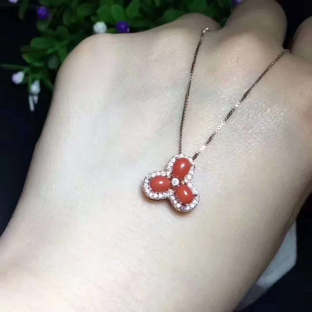Натуральные красные коралловые, кольцо для ключей, брелок украшения из природного драгоценного камня комплект S925 серебро романтический Элегантные Листья клевера для девочек вечерние ювелирные украшения