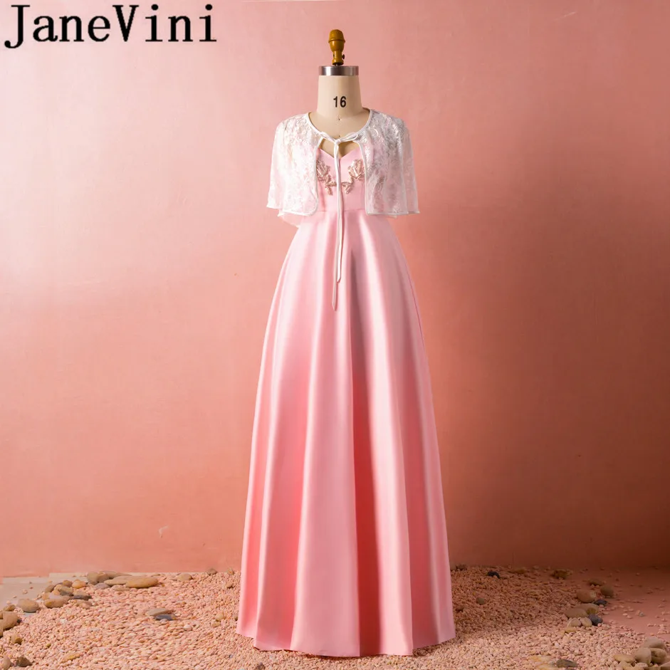 

JaneVini Graceful Pink Bridesmaid Dresses with Detachable Lace Cape Spaghetti Straps Beaded Satin Floor Length Vestidos Largos