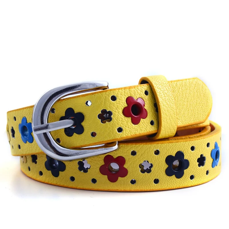 

KIDS CHILDREN BOYS GIRLS Hollow Flower Waistband Faux Leather Belt Silver Buckle