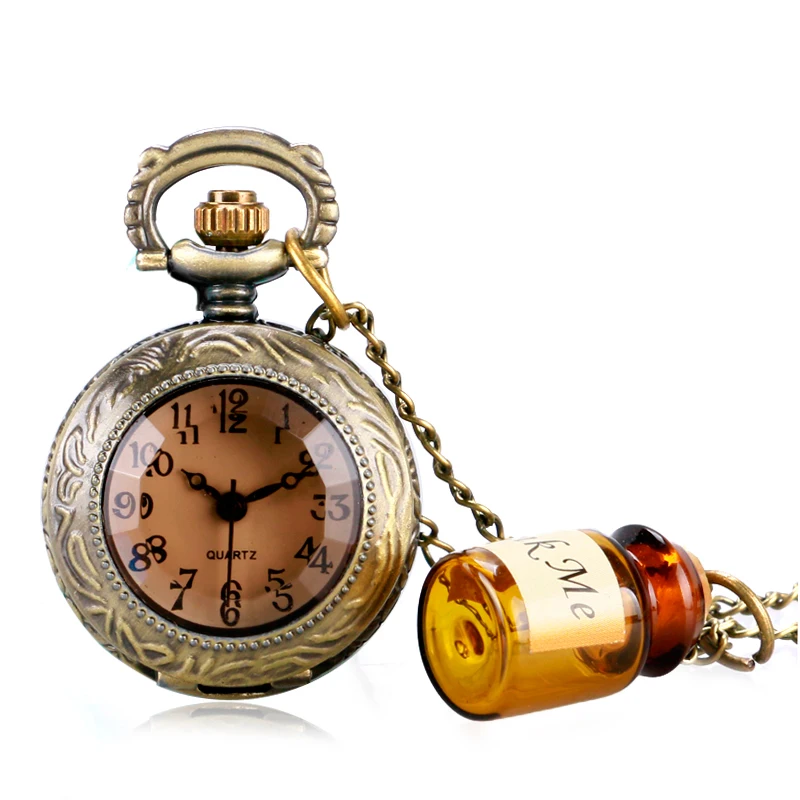 

Vintage Copper Fashion Retro Glass Alice In Wonderland Drink Me Bottle Dark Brown Quartz Pocket Watch for Women Girl Gift