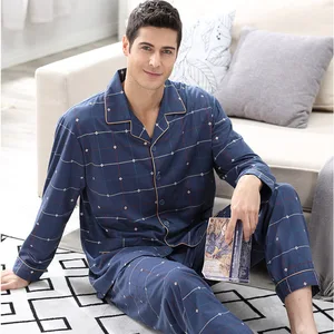 Осенняя мужская пижама CherLemon, Хлопковая пижама с длинным рукавом и подошвой, классические мужские пижамные комплекты в синюю клетку, домашняя одежда, M-4XL