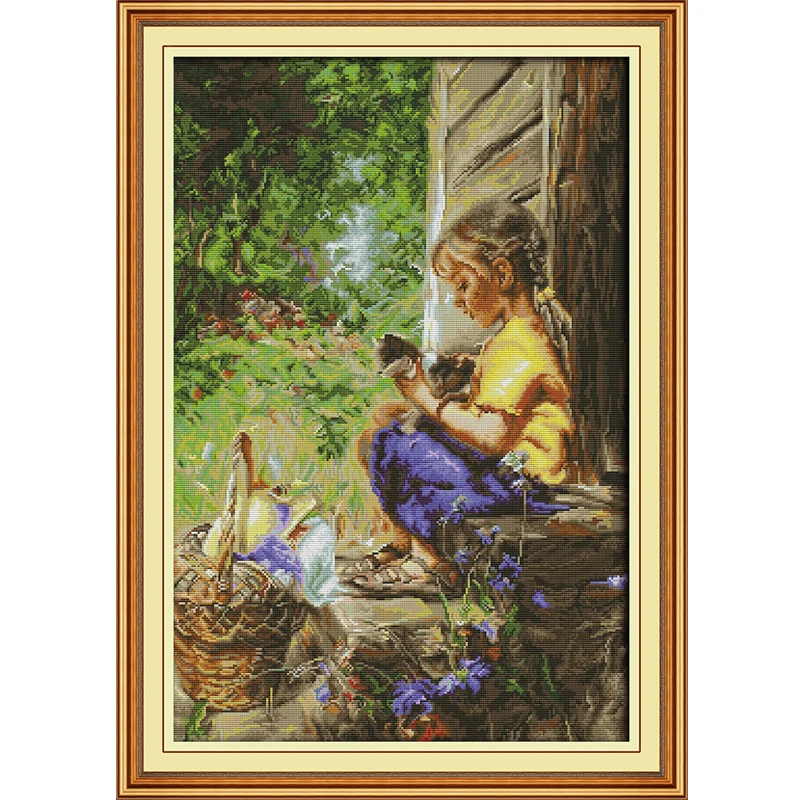 

The Girl and kitten Printed Canvas DMC Counted DIY Chinese Cross Stitch Kits printed Cross-stitch set Embroidery Needlework
