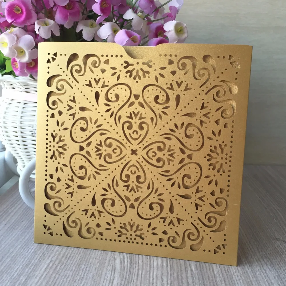 

25pcs Luxury Gold Laser Cut Wedding Invitations Cards Pocket Vintage Happy Birthday Greeting Card Best wishes Blessing card
