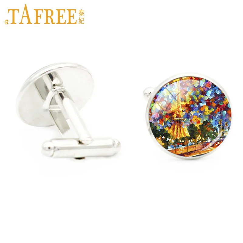 TAFREE vintage Oil Painting glass picture cugglinks elegant men jewelry for weding party Starry Night Moon charm cuff links A547 | Украшения