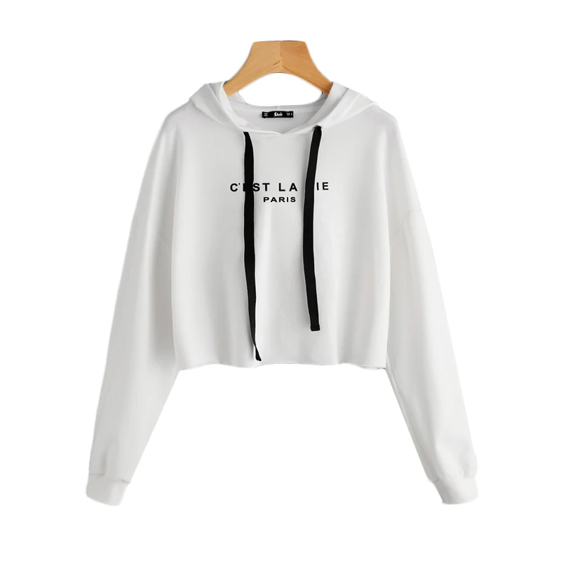2018 новые белые заниженной линией плеч Raw Hem Crop Толстовка Для женщин Письмо печати
