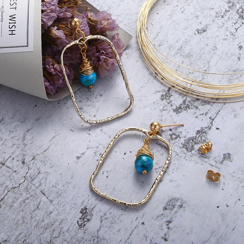 Womens Dangling Earrings Geometric Rectangle Blue Stone Beaded Drop For Women Unique Woman Jewelry Gift Wholesale HDE01 | Украшения и