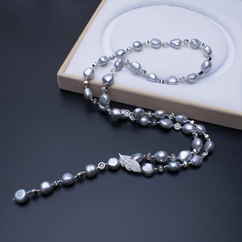 

10-12mm Baroque Grey Pearl Necklace With Leaf Pendant Clasp Elegant&Fashion Keshi Pearl Necklace Pearl Necklace