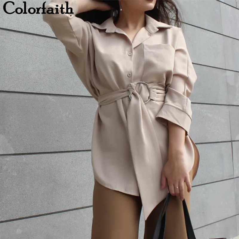 Colorfaith, женские длинные блузки, осень, весенние, повседневные, на пуговицах, для девушек, элегантные, на шнуровке, приталенные, Ретро стиль, топы, рубашка BL3039