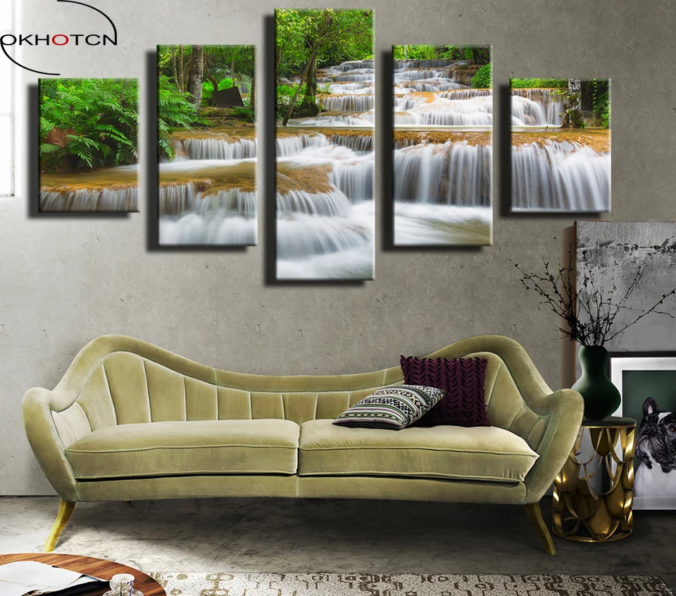 

OKHOTCN 5 Panels Landscape Waterfall Scenery Wall Art Picture Home Decor Artwork HD Printed Modern Living Room Decoration Poster