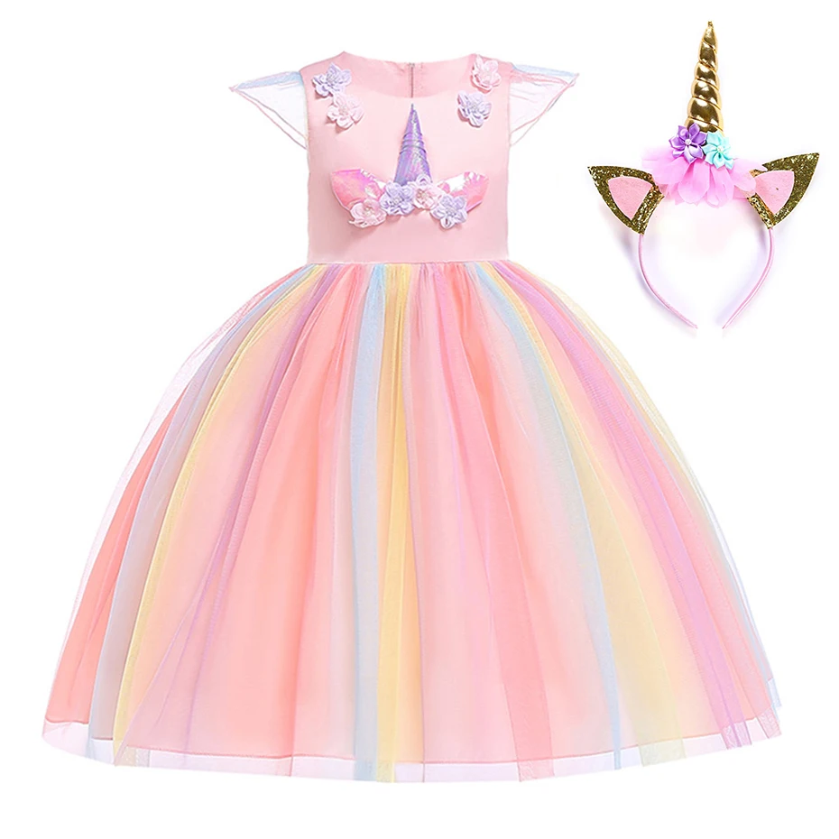 Multicolour Girls Cosplay Unicorn Dress Flying Sleeve Princess Girl Birthday Party Dresses Child Kids Halloween Costume | Детская одежда