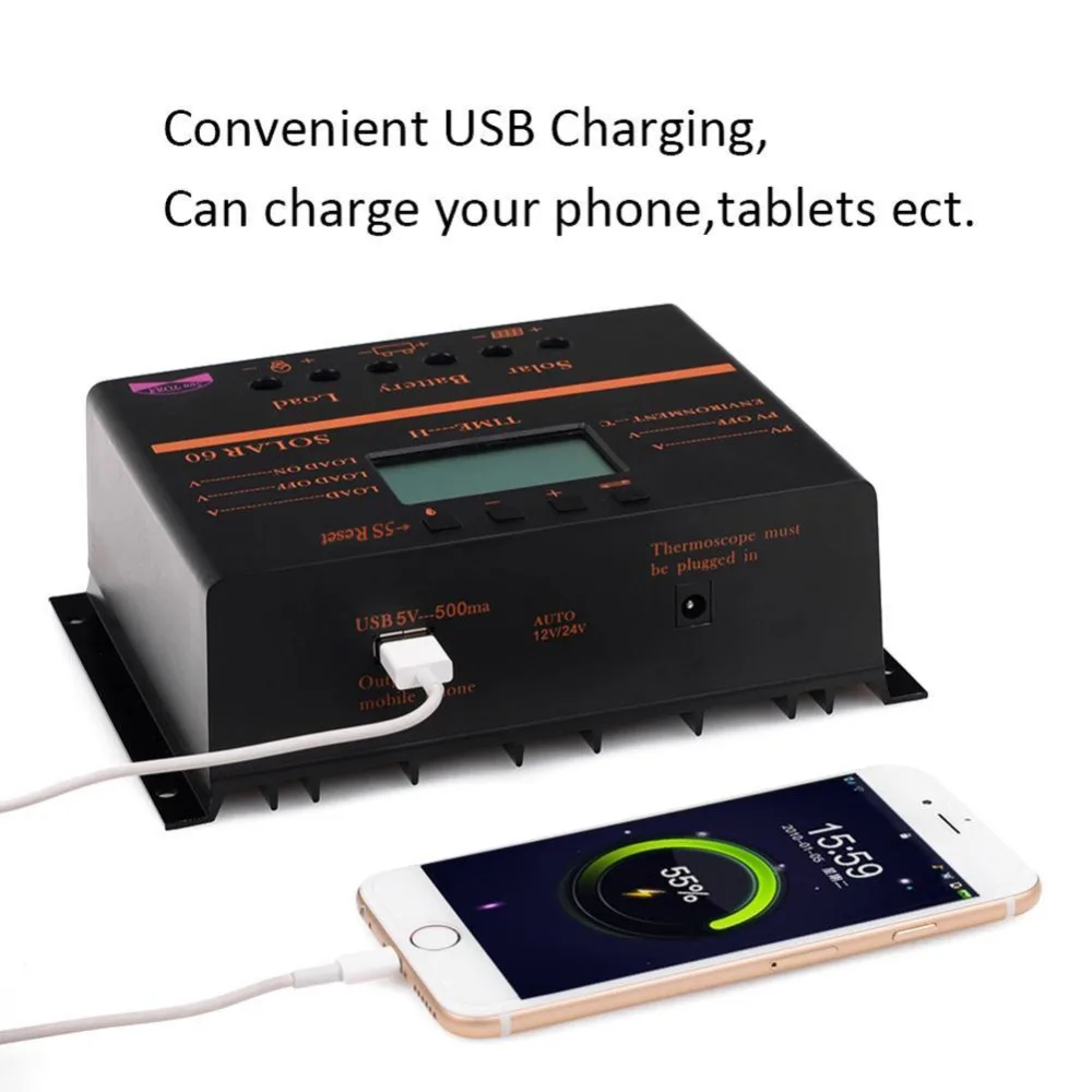 60A 12V 24V LCD Солнечный контроллер заряда разрядка с USB для панели солнечной батареи