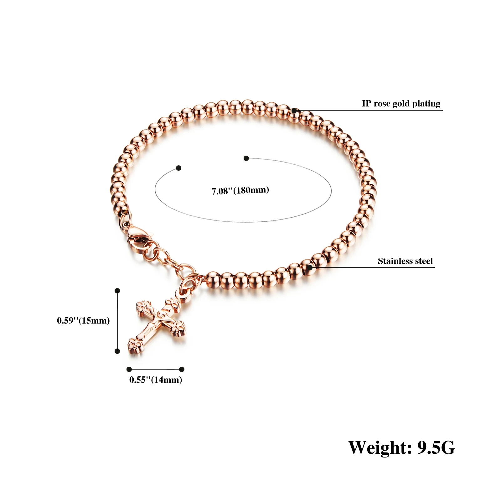 

Fashion Woman's Cross Stainless Steel Pendant Bracelets Beaded Steel Color/Rose Gold color Girls Gift Jewelry