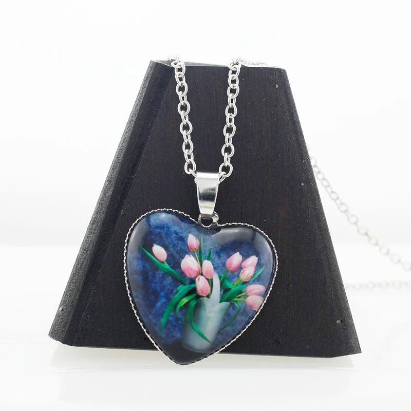 JWEIJIAO Bride Wedding Flowers Necklaces Heart Shape Glass Cabochon Images Charms Necklace Color Long Chain BW02 | Украшения и