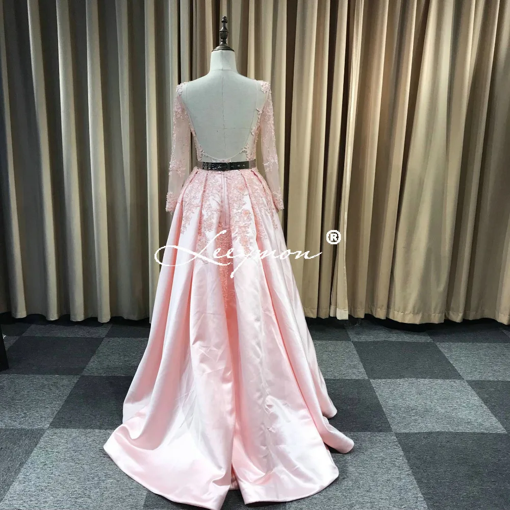 Leeymon Long Sleeves Open Back Pink Satin Prom Dress Court Train Fashion 2020 New Prom Gown for Party LY7251