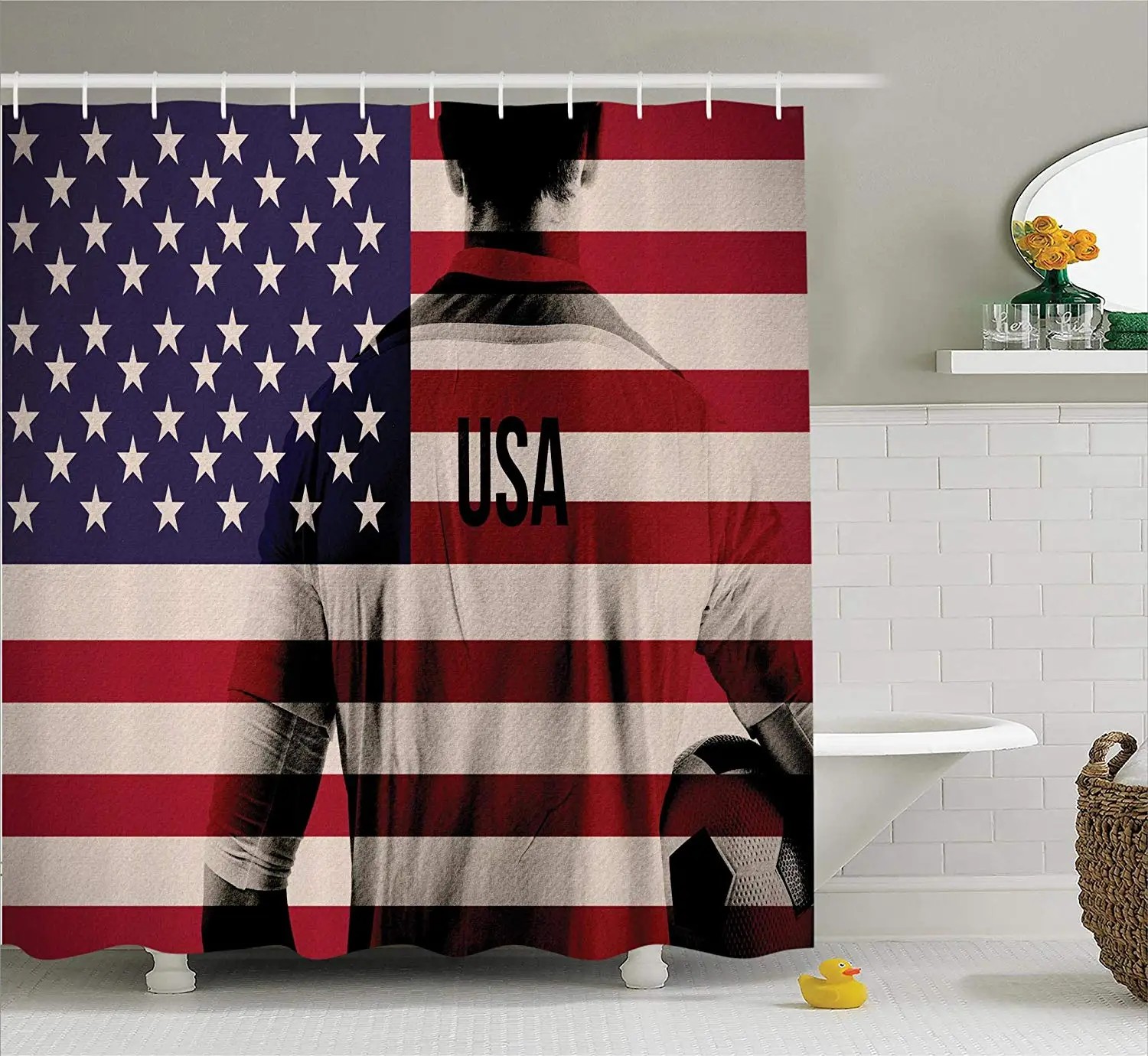 

Composite Double Exposure Image of A Soccer Player and American Flag National USA Run Bathroom Accessories