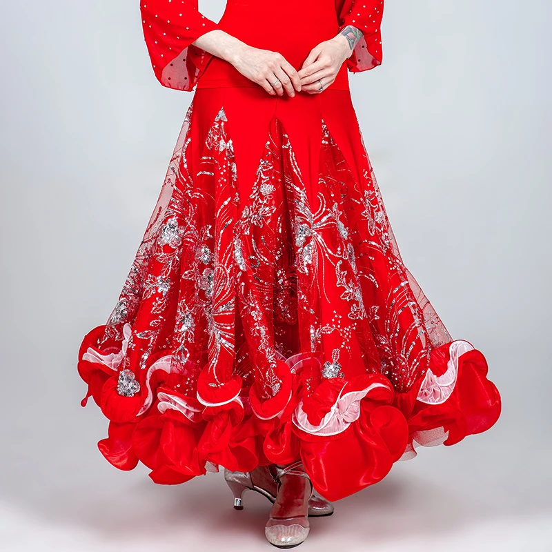 red skirt Стандартная юбка для танцев, женские юбки для бальных танцев, топы для танцев фламенко, костюм для испанского фламенко, юбка для вальса, одежда для сценических танцев - Цвет: red skirt