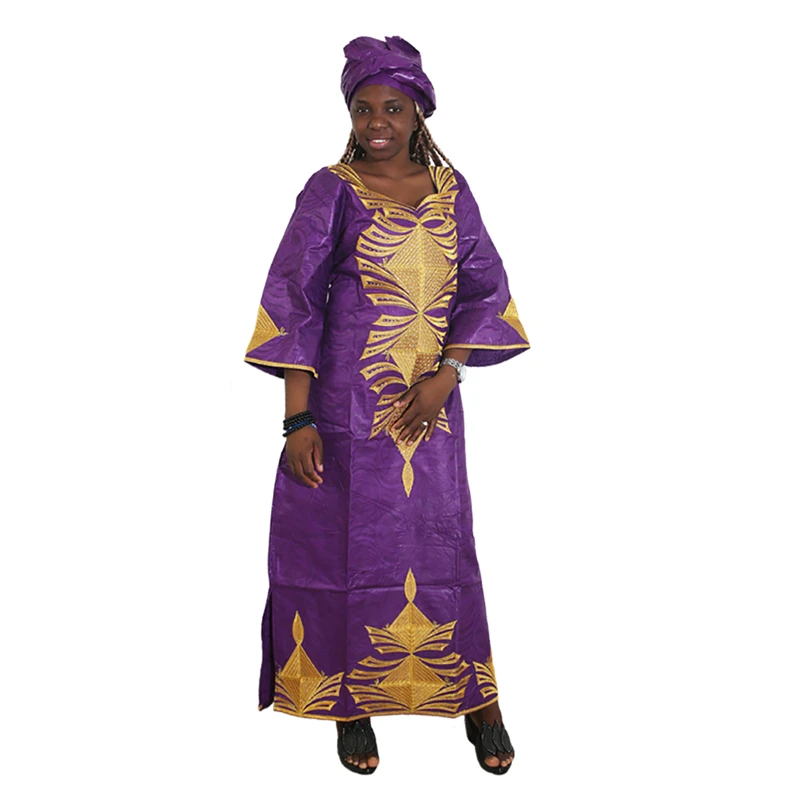 

MD 2021 African Women Dresses Riche Bazin Traditional Embroidery Dress Head scarf Plus Size Long Dress Ropa Africana Mujer Party