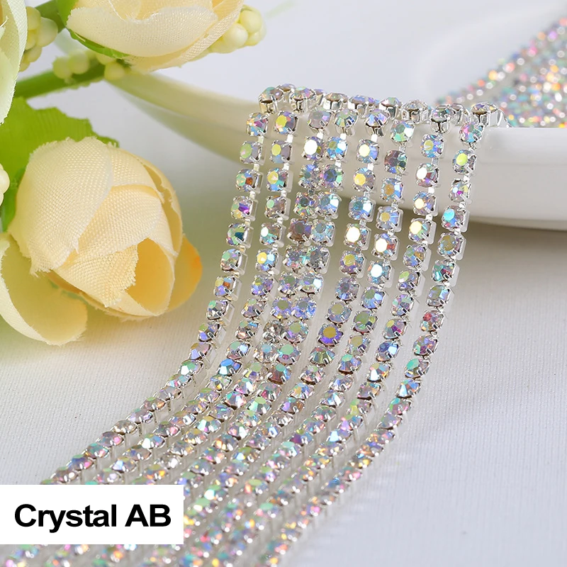 Crystal AB 3yard Top-Grade Glass Wide Rhinestone Cup Chain Silver Base Trim Applique Sew on Rhinestones For Garments | Дом и сад