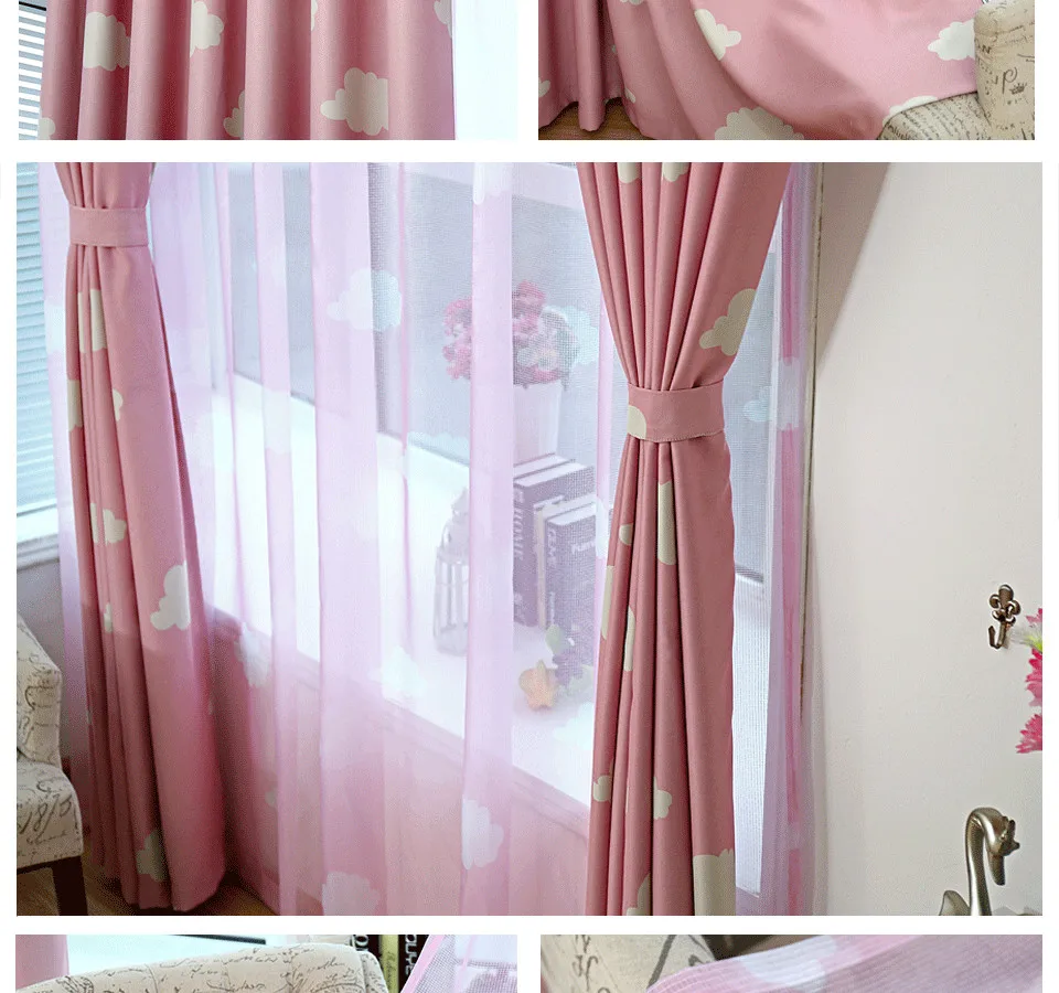 ICECUR Korean Style Cartoon Children Blackout Curtains White Clouds Printed for Kids Bedroom Living Room Girl Room Window Drapes