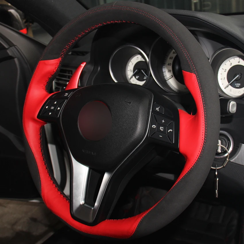 

Hand Sew Black Suede Red Leather Car Steering Wheel Cover for Mercedes Benz B180 2012
