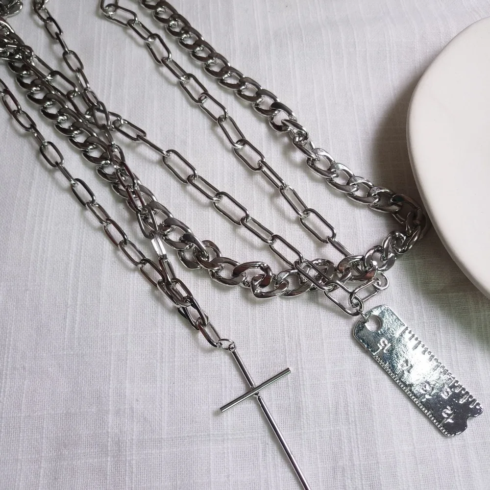 Rongho Hiphop Multi chains Cross chokers necklaces for Women metal Ruler pendant necklace lovers party chunky bijoux | Украшения и