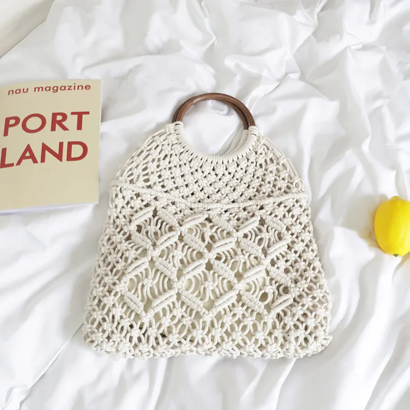Popula хлопковая веревка полый соломенный мешок Sheer Macrame Tote богемский Сверхлегкий
