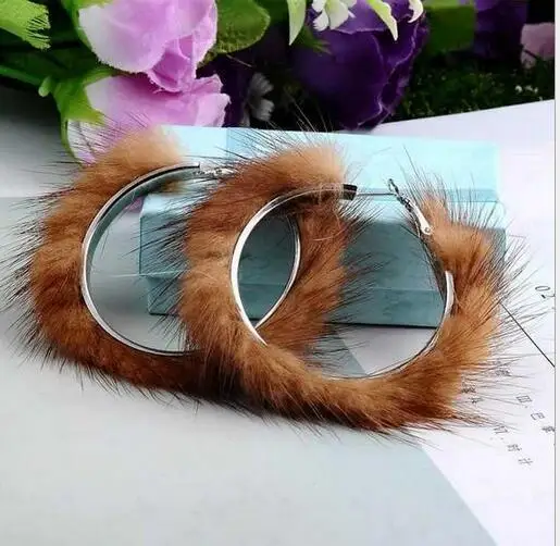 Серьги-кольца из натурального меха норки 5 см, большие размеры, серьги-кольца из меха енота, теплые рождественские подарки, круглые серьги для зимы, круглые ювелирные изделия - Окраска металла: brown