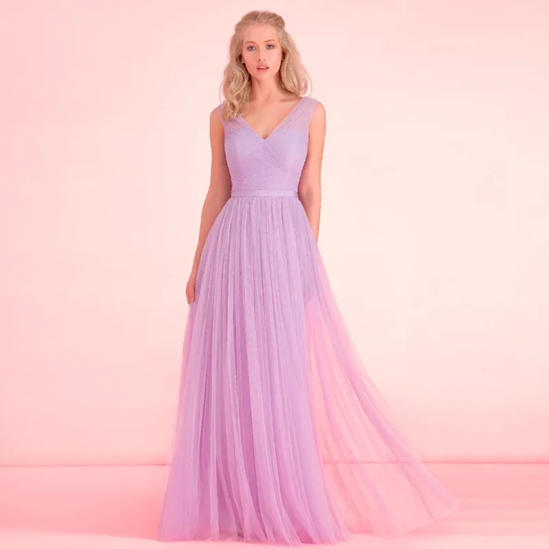 Простое длинное платье подружки невесты с v образным вырезом ТРАПЕЦИЕВИДНОЕ