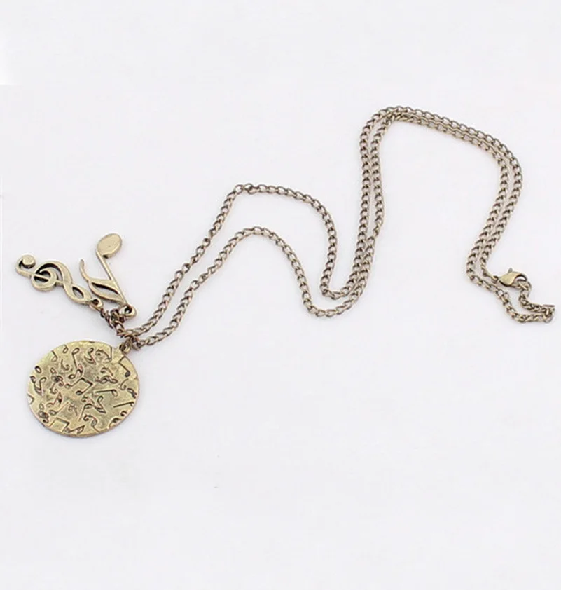 

Charming Vintage Style Alloy Bronze Round Music Notes Pendant Necklace Long Chain Women Gift
