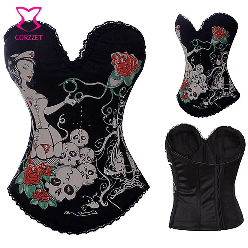 Женский корсет с принтом в виде Розы и черепа готический корсетный костюм
