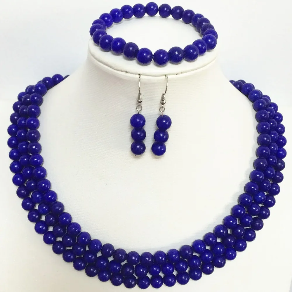 Trendy blue lapis lazuli 8mm new round beads elegant 3 rows necklace bracelet earring best gift jewelry set 17-19inch B1516 | Украшения и