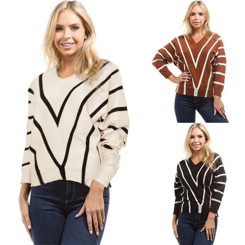 

V Shape Striped Autumn Winter Women Sweaters Pullover Knitted Jumpers Mujer Bodycon Sweater blusas de inverno feminina Tops