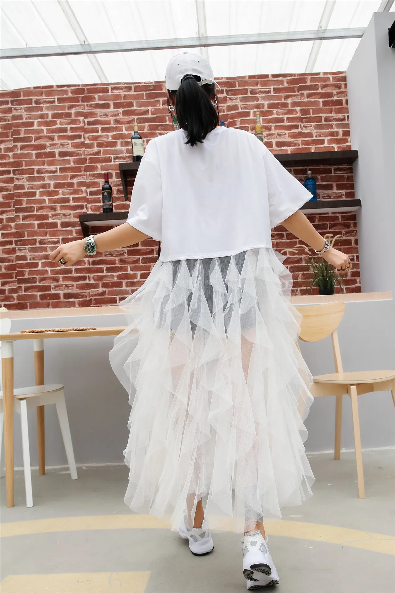 Новинка лета 2019 футболка с короткими рукавами и круглым вырезом длинное Сетчатое