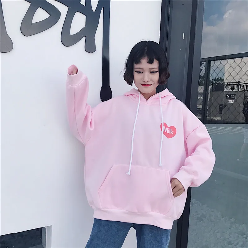 New Hooded Hoodies Women Strawberry Milk Heart Print Kangaroo Long Sleeve Sweatshirt Front Pocket Casual Harajuku Jumper | Женская