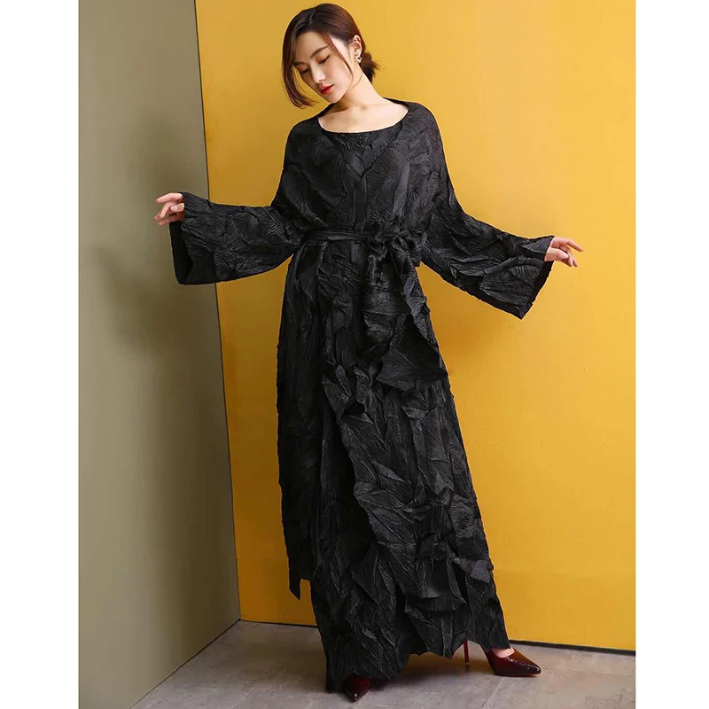 Miyake fold осенний комплект из двух предметов, плиссированная ветровка с длинными рукавами+ большое свободное платье с короткими рукавами