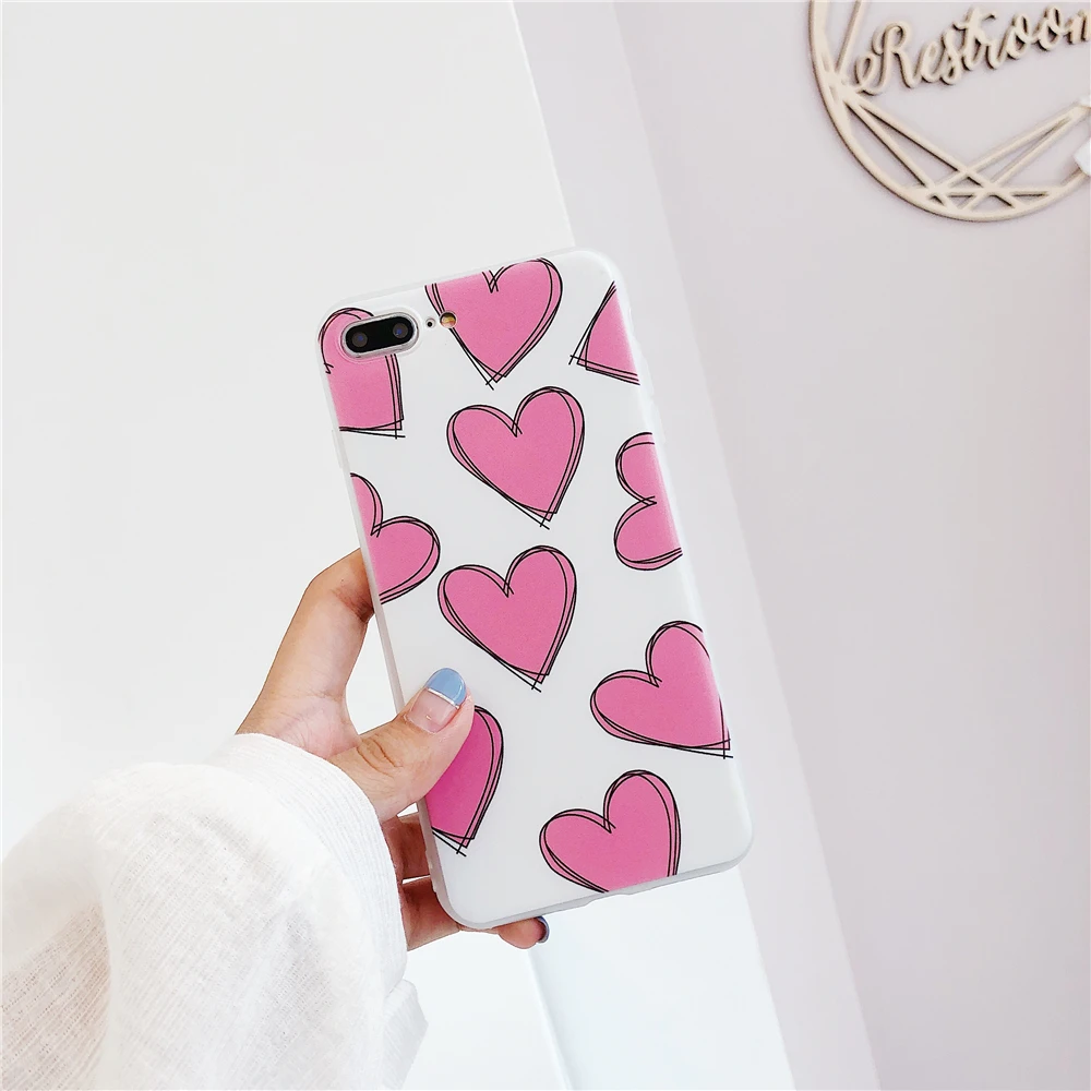 Cases For iPhone 7 Korean Girl Style Love Heart Pink Phone iphone 6S 8 Plus X Matte IMD Soft Silicone Back Cover Funda |