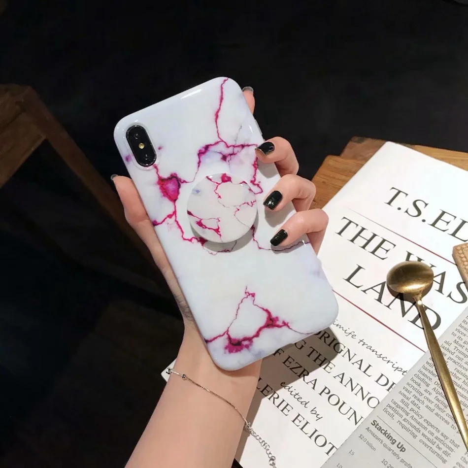 For iPhone X XS Max XR Case Luxury Glossy Marble Veins Cover 7 6 8 Plus Granite Stone Stand Holder Soft TPU Cases |