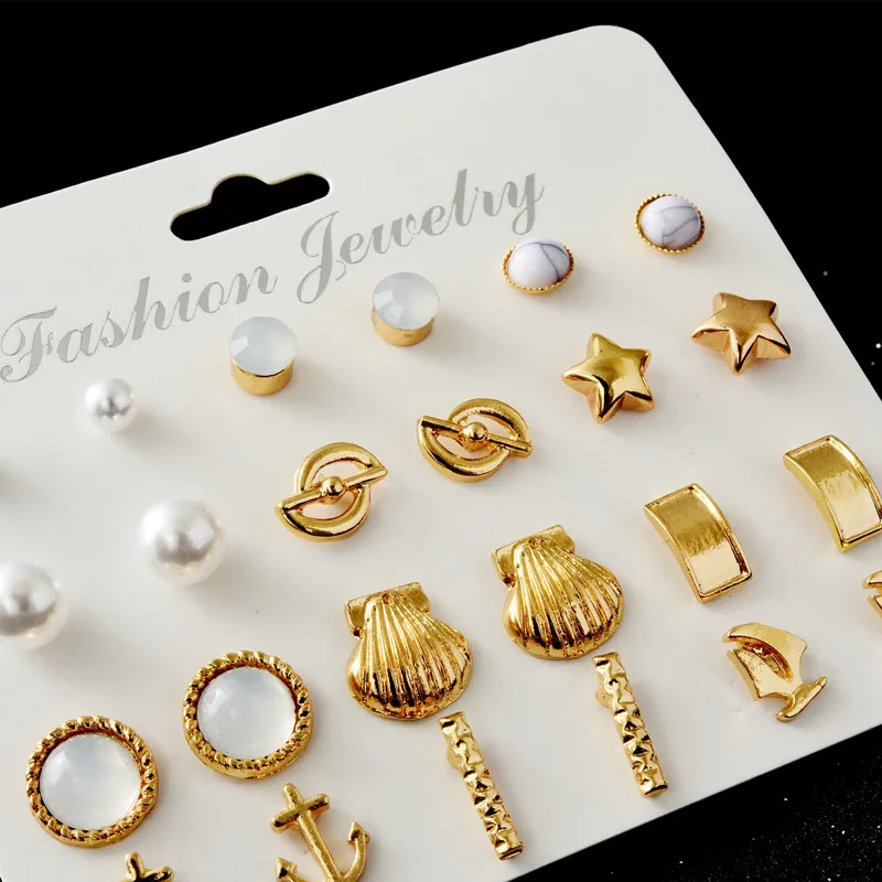 12 Pairs/Set Earring Trendy Gold Color Star Simulated Pearl Shell Statement Stud Earrings Set For Women 2018 New Arrival Jewelry | Украшения