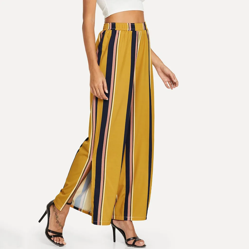 Модные женские длинные брюки мешковатые эластичные с высокой талией в полоску