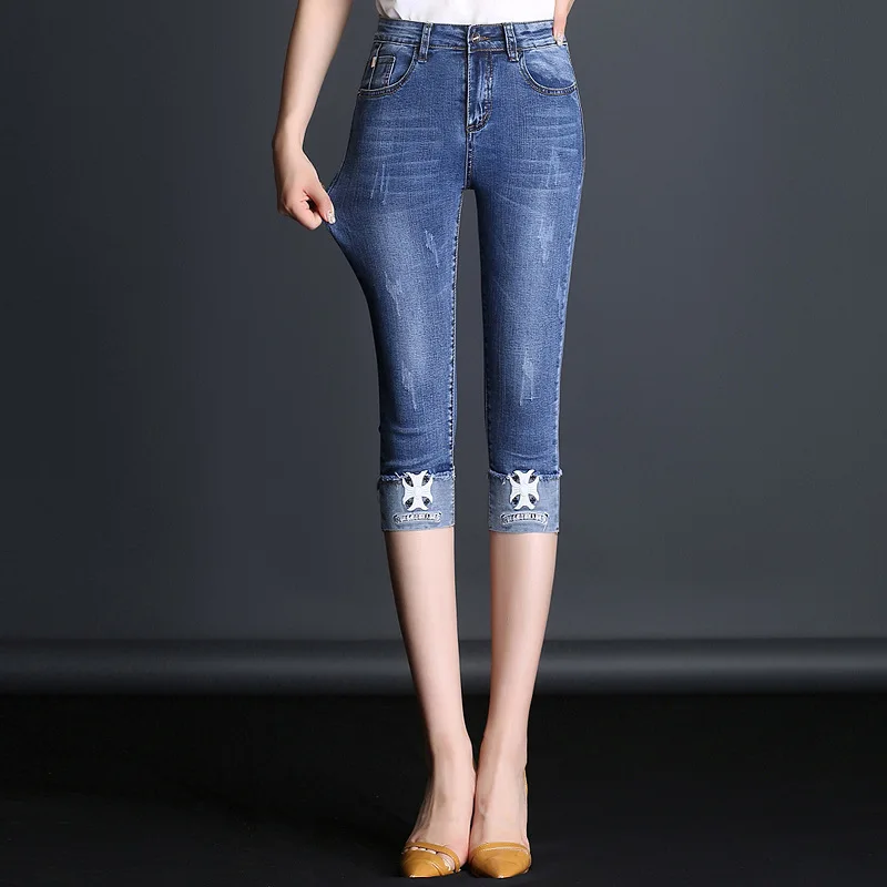 Jbersee Denim Skinny Jeans Woman Summer Fashion Ladies Elastic Knee Length Capris Pants Sexy Push up Women's Female | Женская одежда