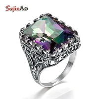szjinao kpop ring for women real 925 sterling silver punk ring mystic rainbow topaz gemstones wide large vintage silver jewelry