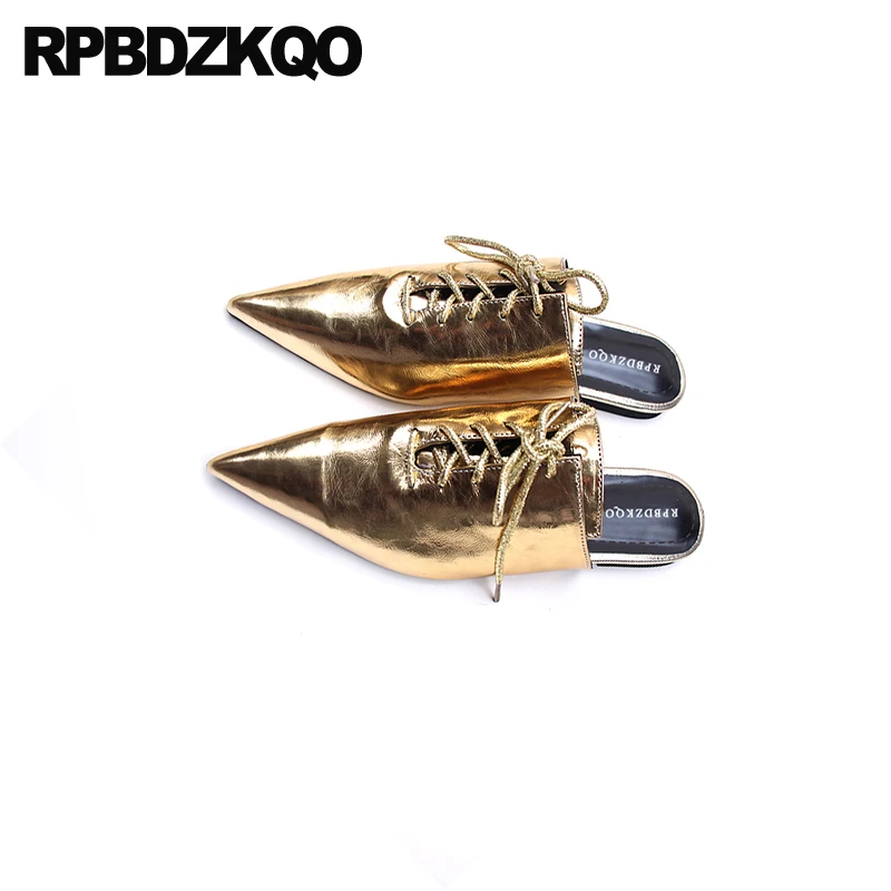 Мюли женские с острым носком натуральная кожа плоская подошва шнуровка тапочки