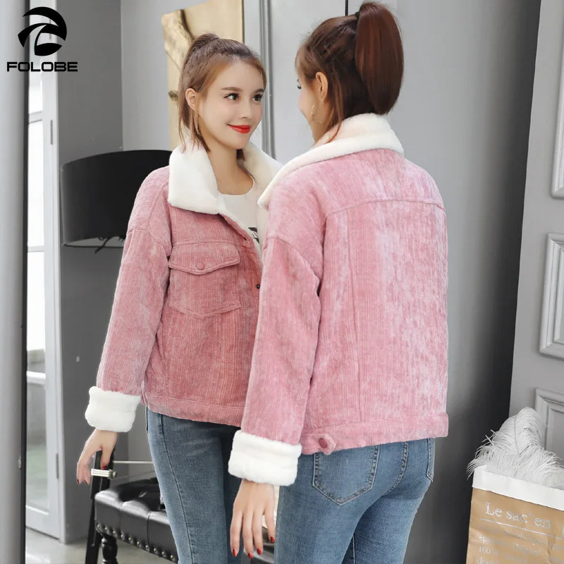

FOLOBE Woman Loose Corduroy Jacket Women New Thick Winter lambswool Jackets Ladies Cute Outerwear Coat Warm Parka Female