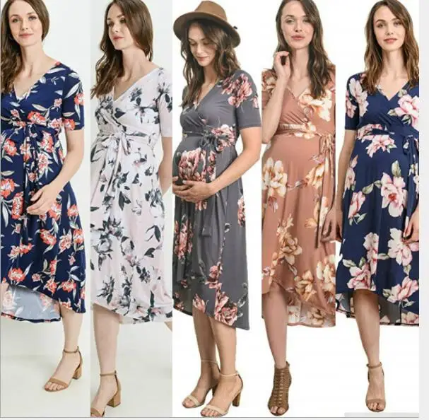 Женское платье для беременных длинное из полиэстера с v-образным вырезом и