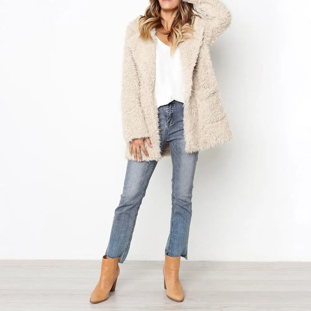 Женское пальто из искусственного меха ягненка с отворотами курчавое меховое